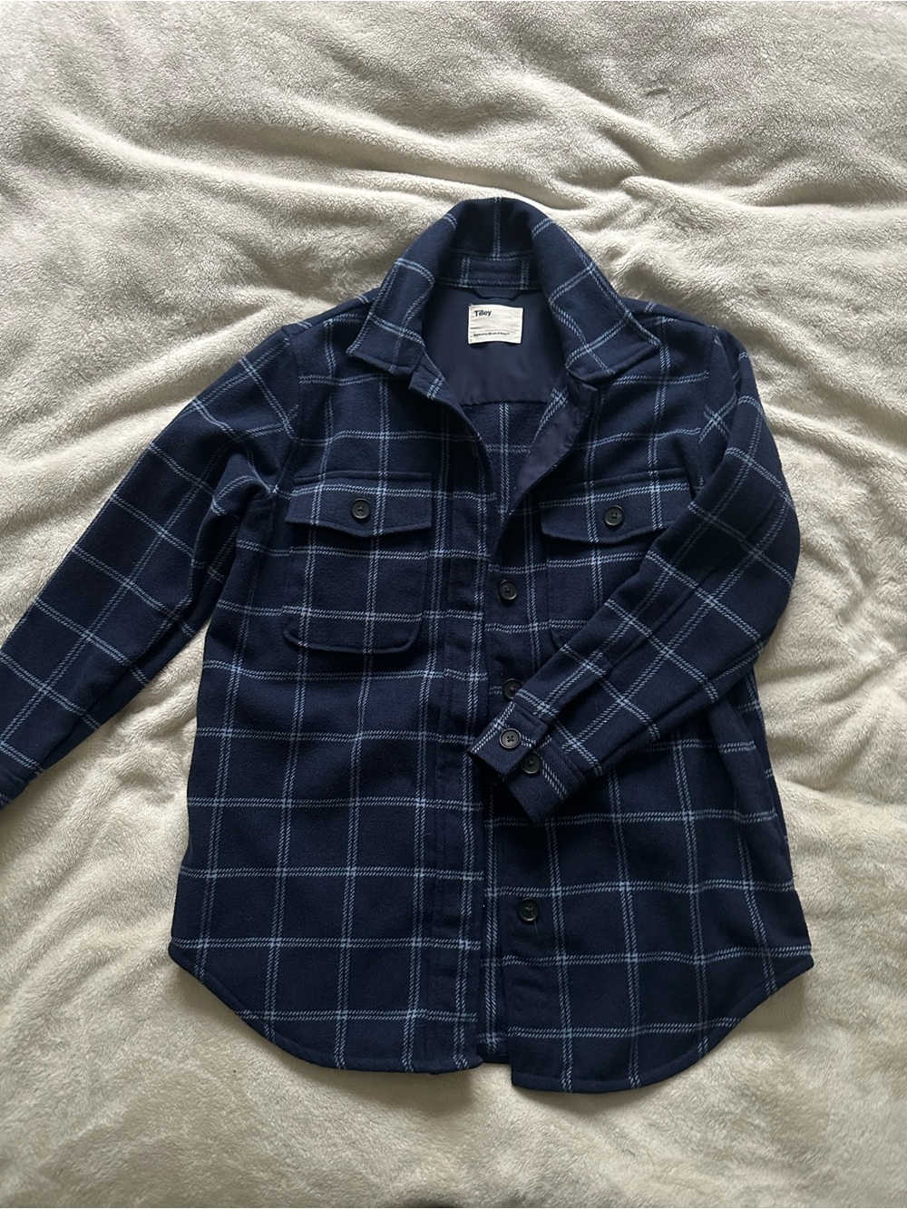 Wool Blend Navy Plaid Button-Up Shacket - Brand: Tilley